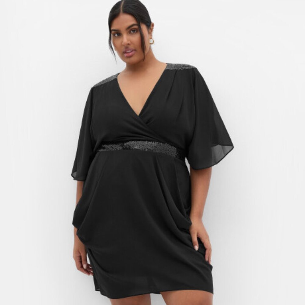 City Chic Black Sequin Trim Faux Wrap Dress Flutter Sleeve Cocktail Mini